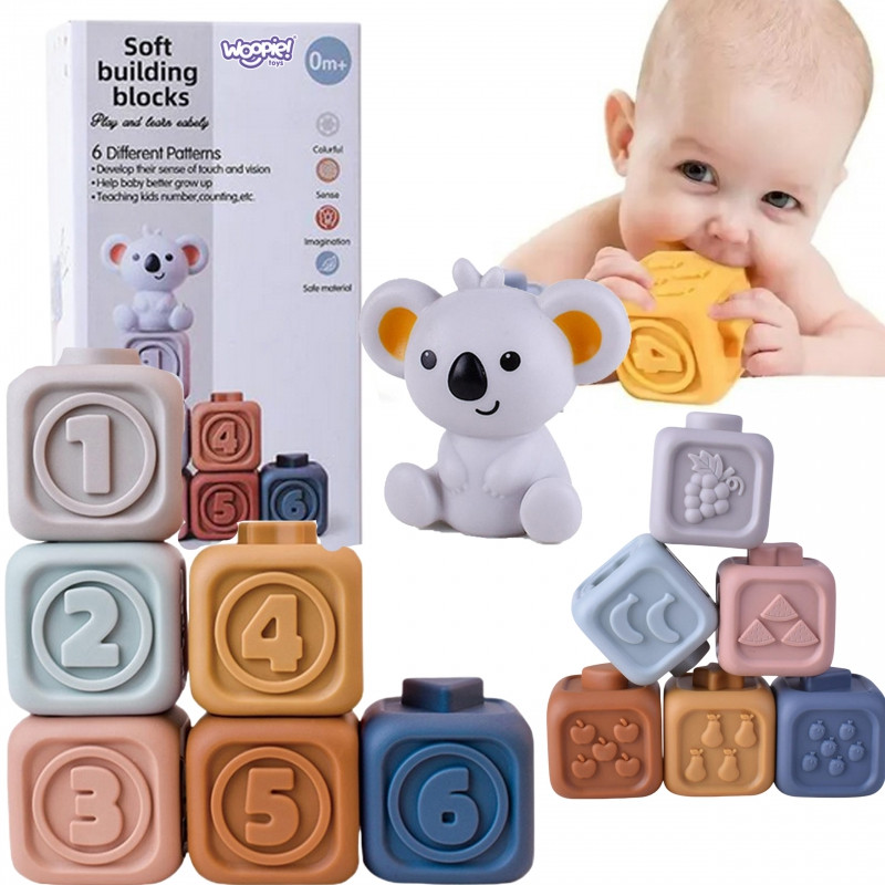 WOOPIE BABY Edukacinis piramidžių rinkinys Sensoriniai blokai 2in1 Dantų krapštukas Skaičiai