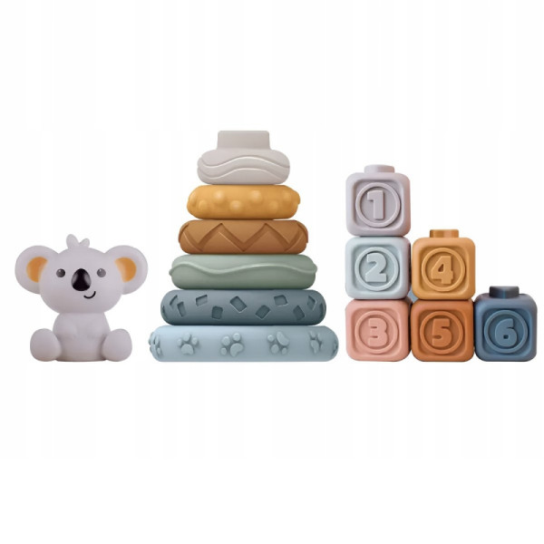WOOPIE BABY Minkštos gumos sensorinių kaladėlių rinkinys "3 in 1" su meškiuku WOOPIE BABY Minkštos gumos sensorinių kaladėlių rinkinys "3 in 1" su meškiuku