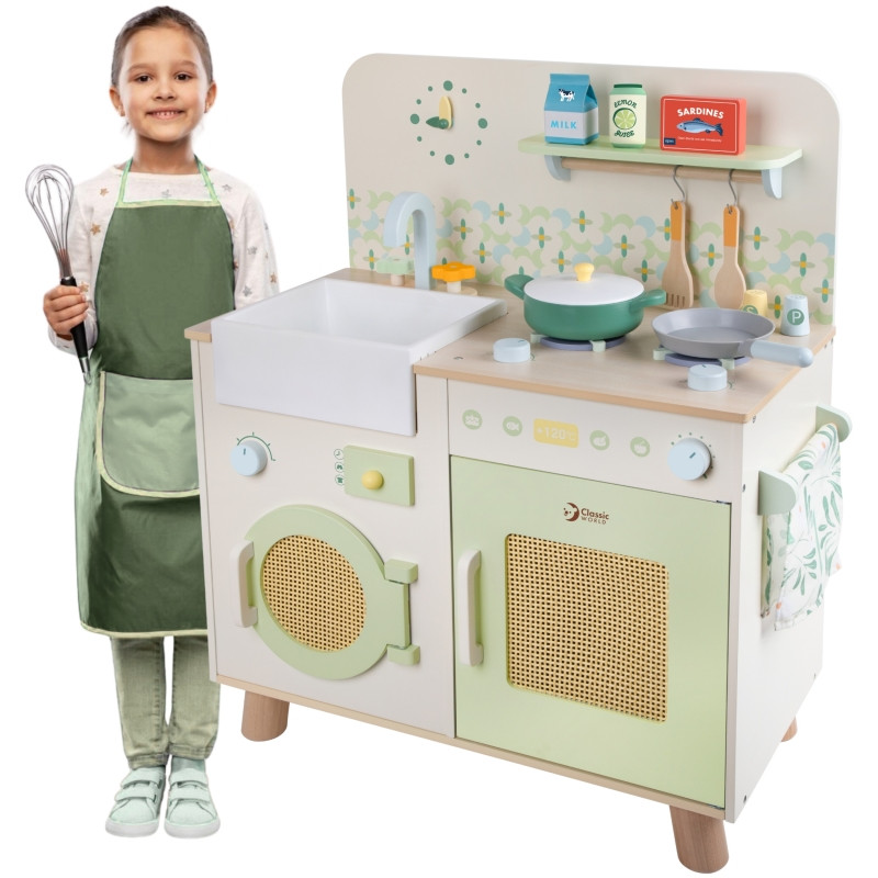 CLASSIC WORLD medinė XXL universali virtuvė su skalbimo mašina ir priedais