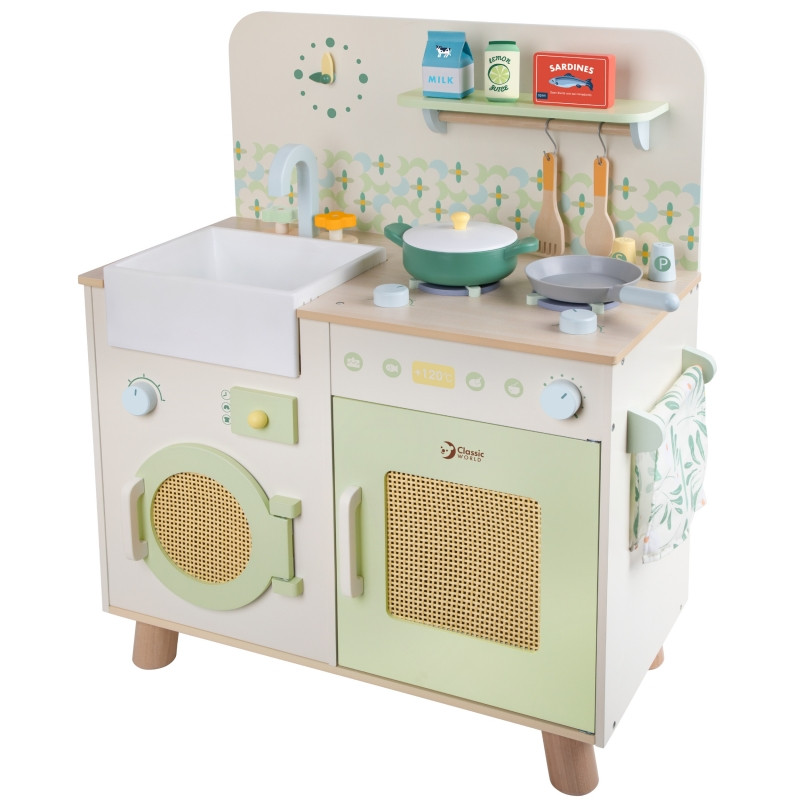 CLASSIC WORLD medinė XXL universali virtuvė su skalbimo mašina ir priedais