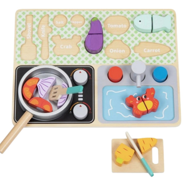 TOOKY TOY medinė virtuvė su priedais - mažojo virėjo rinkinys TOOKY TOY medinė virtuvė su priedais - mažojo virėjo rinkinys