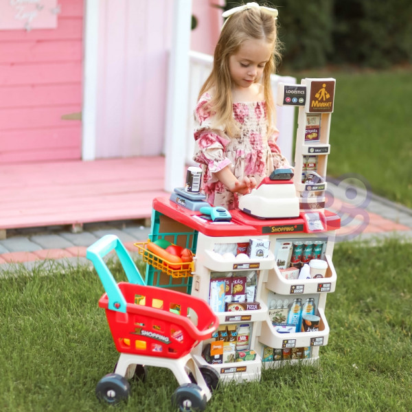 WOOPIE Supermarket parduotuvė su pirkinių vežimėliu Svarstyklės Kasos aparatas Skeneris + 48 akc. WOOPIE Supermarket parduotuvė su pirkinių vežimėliu Svarstyklės Kasos aparatas Skeneris + 48 akc.