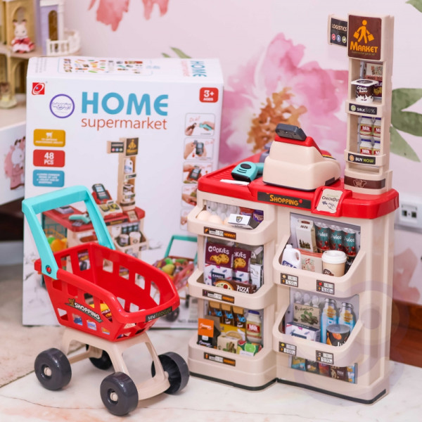WOOPIE Supermarket parduotuvė su pirkinių vežimėliu Svarstyklės Kasos aparatas Skeneris + 48 akc. WOOPIE Supermarket parduotuvė su pirkinių vežimėliu Svarstyklės Kasos aparatas Skeneris + 48 akc.