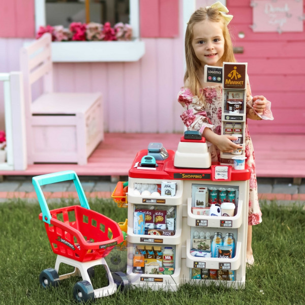 WOOPIE Supermarket parduotuvė su pirkinių vežimėliu Svarstyklės Kasos aparatas Skeneris + 48 akc. WOOPIE Supermarket parduotuvė su pirkinių vežimėliu Svarstyklės Kasos aparatas Skeneris + 48 akc.