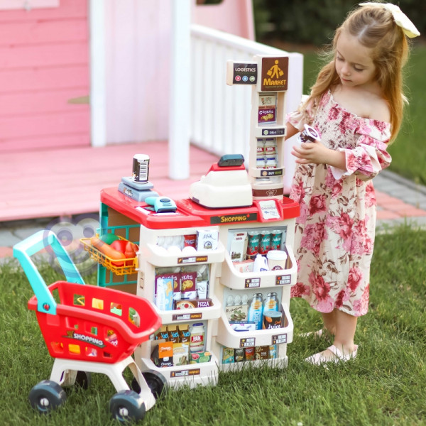 WOOPIE Supermarket parduotuvė su pirkinių vežimėliu Svarstyklės Kasos aparatas Skeneris + 48 akc. WOOPIE Supermarket parduotuvė su pirkinių vežimėliu Svarstyklės Kasos aparatas Skeneris + 48 akc.