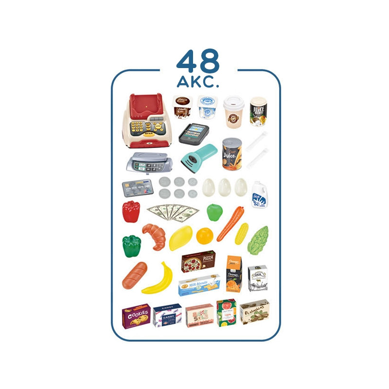 WOOPIE Parduotuvė su vežimėliu Svarstyklės Kasos aparatas Skeneris + 48 akc.