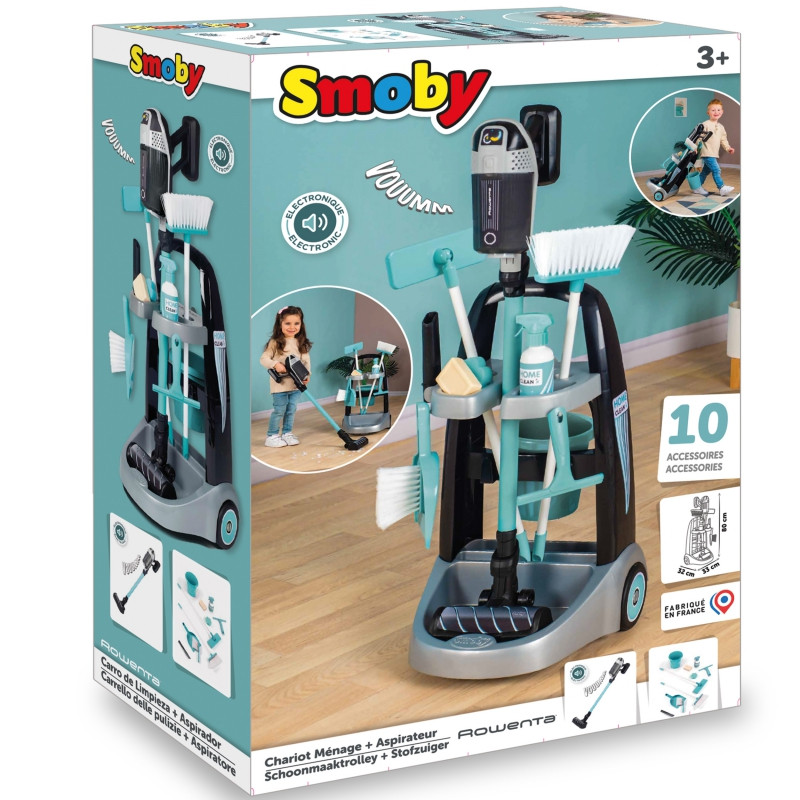 SMOBY Valymo vežimėlis su "Rowenta" dulkių siurbliu su garsu + 10 priedų
