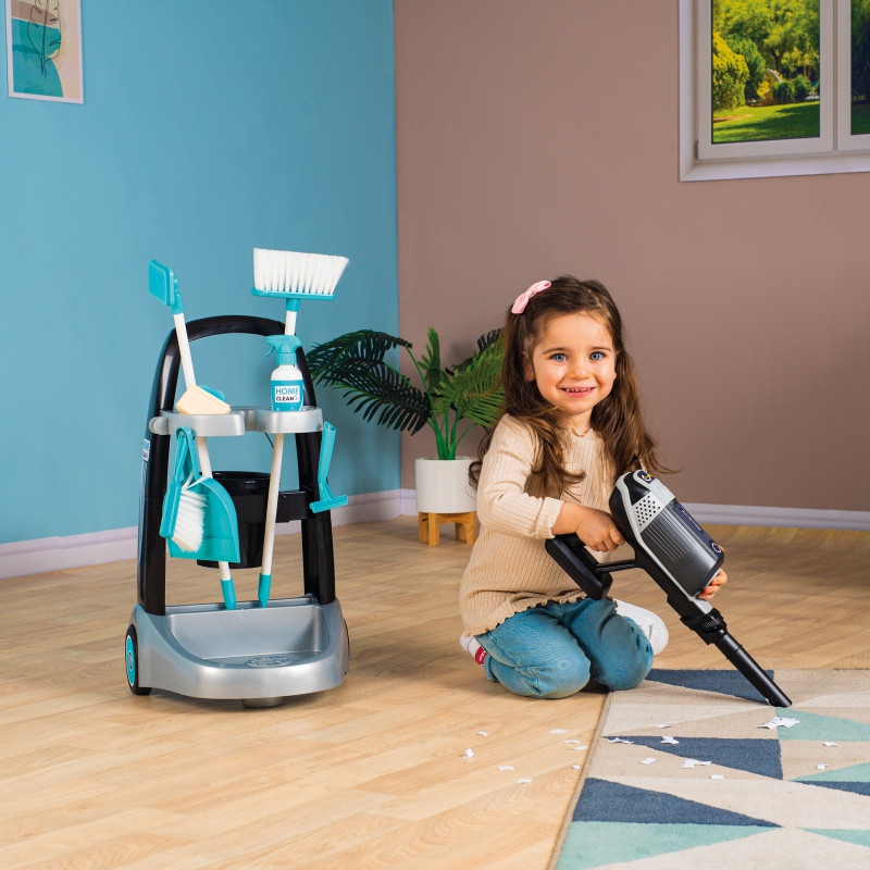 SMOBY Valymo vežimėlis su "Rowenta" dulkių siurbliu su garsu + 10 priedų