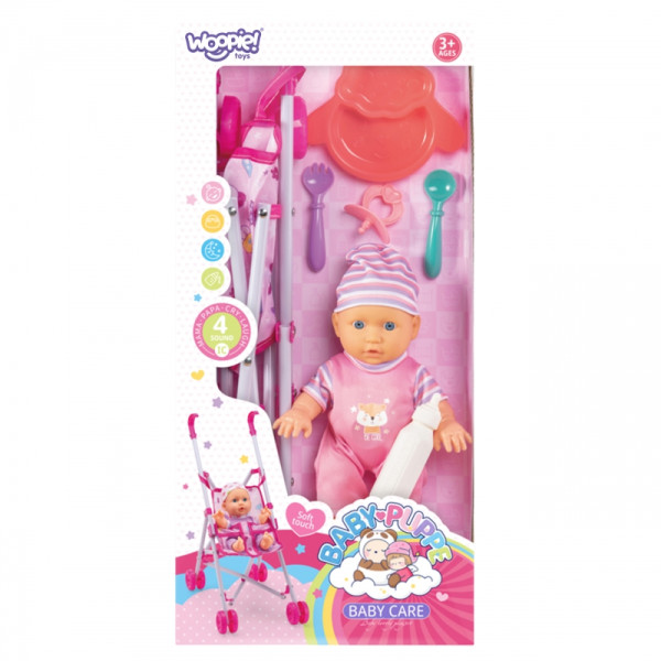 WOOPIE ROYAL pirmoji kūdikio lėlė su vežimėliu aukle + maitinimo rinkiniu WOOPIE ROYAL pirmoji kūdikio lėlė su vežimėliu aukle + maitinimo rinkiniu