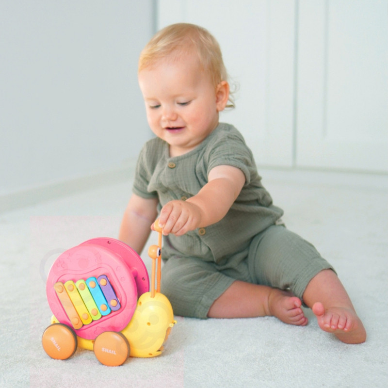 WOOPIE 4-in-1 Pull-Along Snail, Cymbals, Sensory Gears, Launcher + Small Car