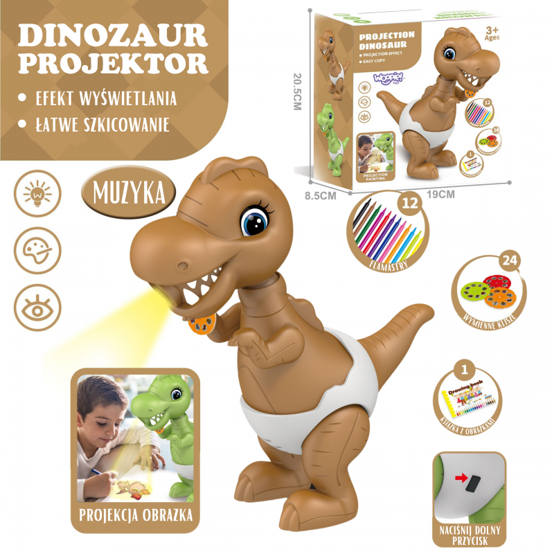 WOOPIE dinozaurų piešimo projektorius + žymekliai