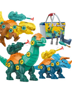 WOOPIE Sukimo dinozaurų rinkinys 3 vnt. Statybinis rinkinys dėžutėje + gręžtuvas ir atsuktuvas