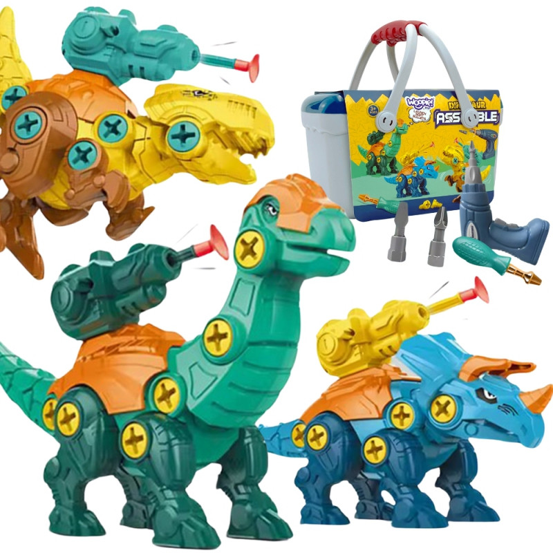 WOOPIE Sukimo dinozaurų rinkinys 3 vnt. Statybinis rinkinys dėžutėje + gręžtuvas ir atsuktuvas