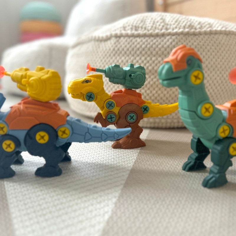 WOOPIE Sukimo dinozaurų rinkinys 3 vnt. Statybinis rinkinys dėžutėje + gręžtuvas ir atsuktuvas