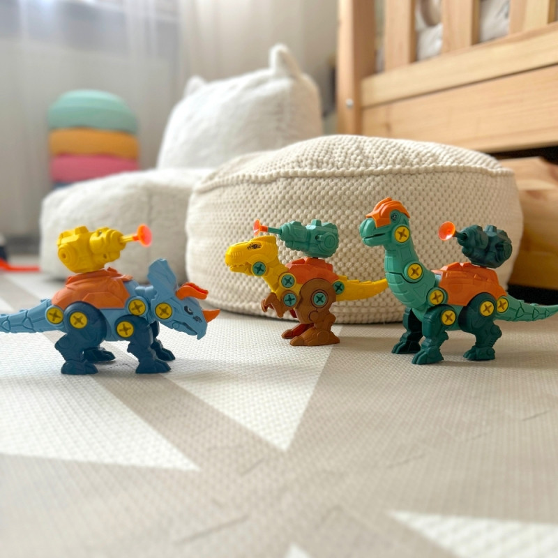 WOOPIE Sukimo dinozaurų rinkinys 3 vnt. Statybinis rinkinys dėžutėje + gręžtuvas ir atsuktuvas