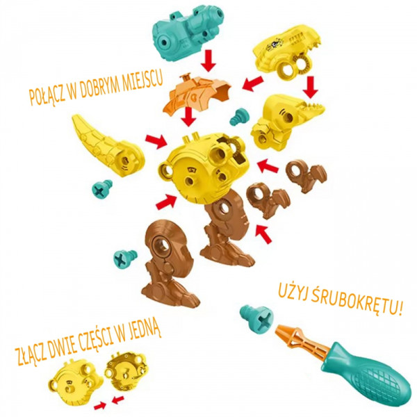 WOOPIE Sukimo dinozaurų rinkinys 3 vnt. Statybinis rinkinys dėžutėje + gręžtuvas ir atsuktuvas WOOPIE Sukimo dinozaurų rinkinys 3 vnt. Statybinis rinkinys dėžutėje + gręžtuvas ir atsuktuvas