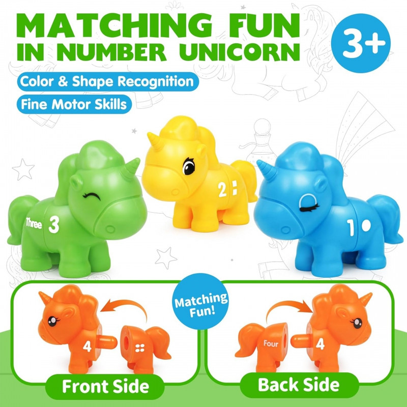 WOOPIE rinkinys Montessori spalvų vienaragio figūrėlių "Match Numbers" lankstymui 13 vnt.