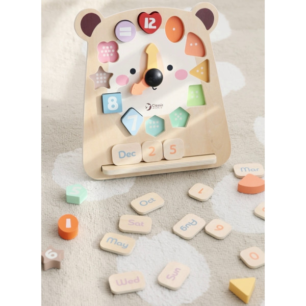 КЛАССИЧЕСКИЙ МИР Часы с плюшевым мишкой Монтессори 3 в 1 для обучения времени, счету и дате