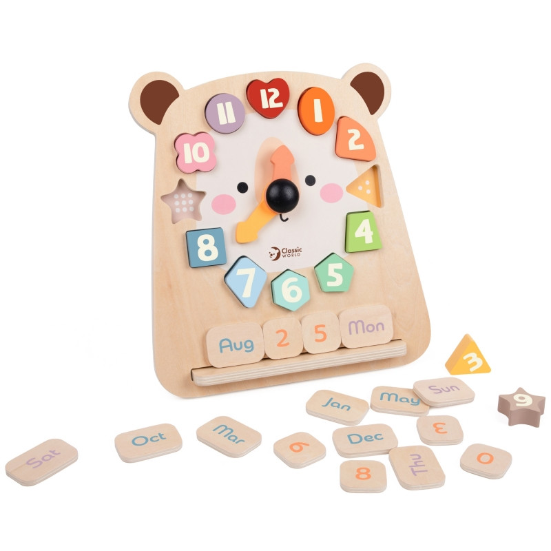 KLASIKINIS PASAULIS Montessori meškiuko laikrodis Edukacinis 3in1 mokymasis Skaičiavimo laikas ir data