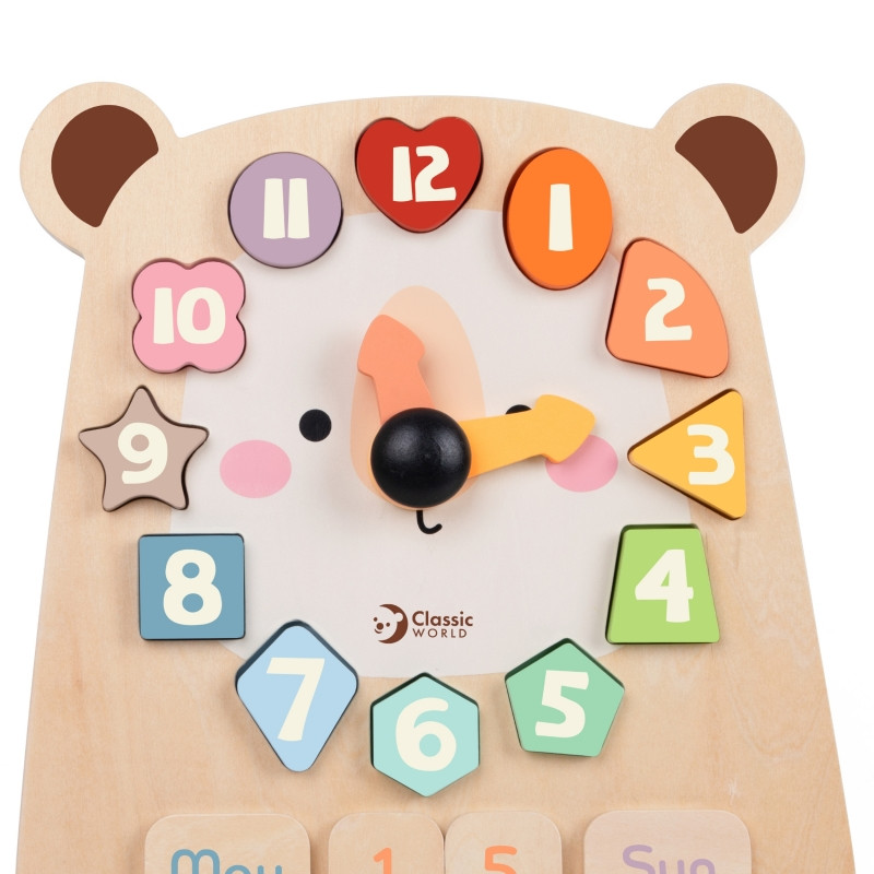KLASIKINIS PASAULIS Montessori meškiuko laikrodis Edukacinis 3in1 mokymasis Skaičiavimo laikas ir data