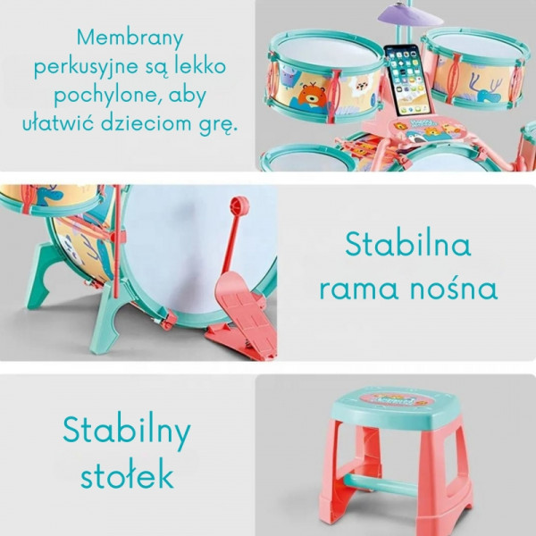 WOOPIE Perkusja Edukacyjna dla Dzieci 5 Bębnów 1 Talerz + Taboret z Motywem Zwierzątek
