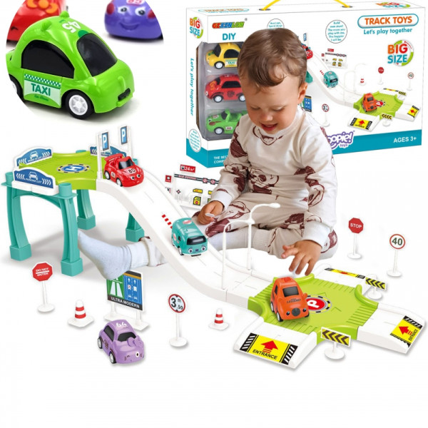 WOOPIE Track Parking Garage Car Set, Gas Station Road Signs + 3 Cars