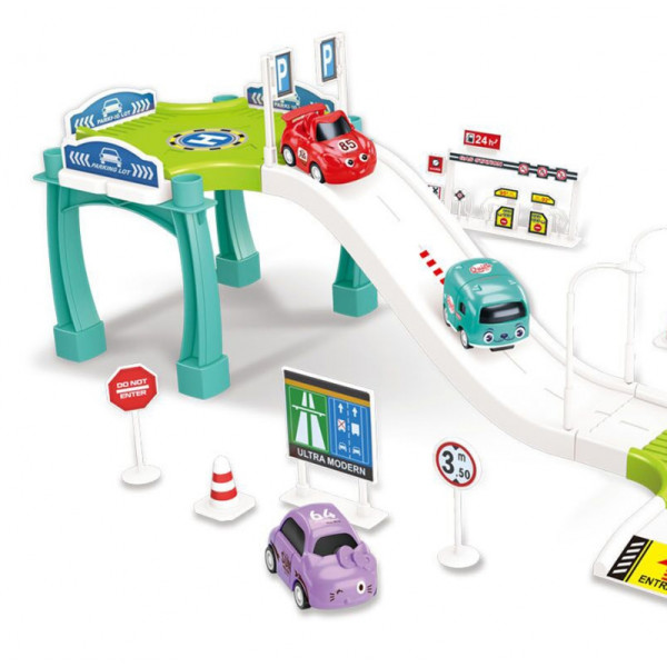 WOOPIE Track Parking Garage Car Set, Gas Station Road Signs + 3 Cars