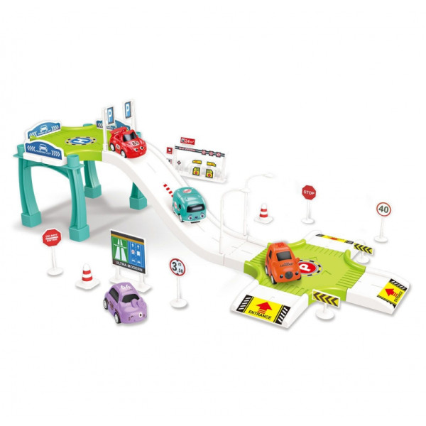 WOOPIE Track Parking Garage Car Set, Gas Station Road Signs + 3 Cars