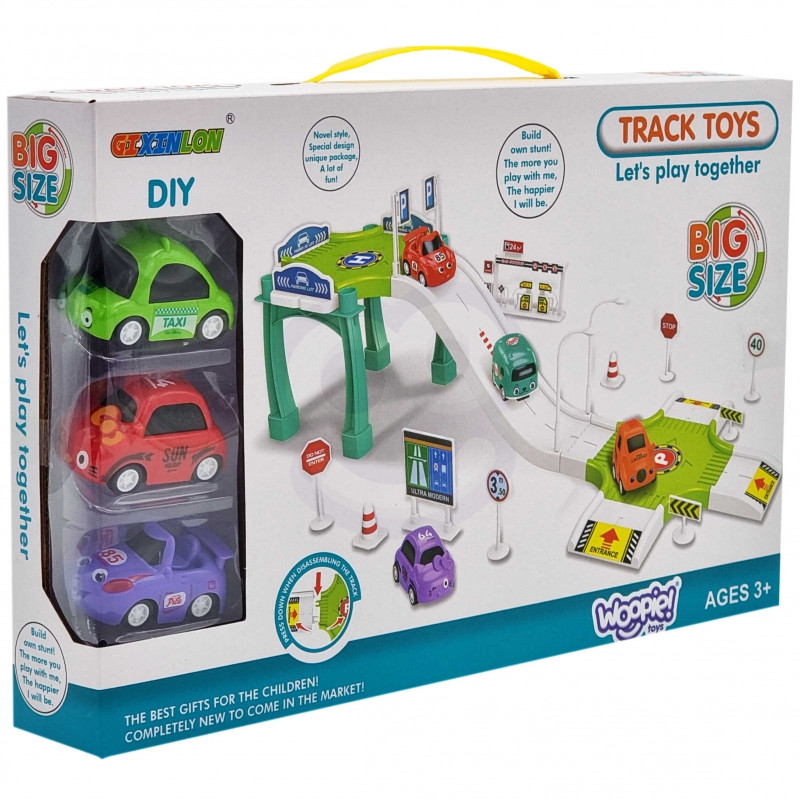 WOOPIE Track Parking Car Garage Set Degalinės kelio ženklai + 3 automobiliai