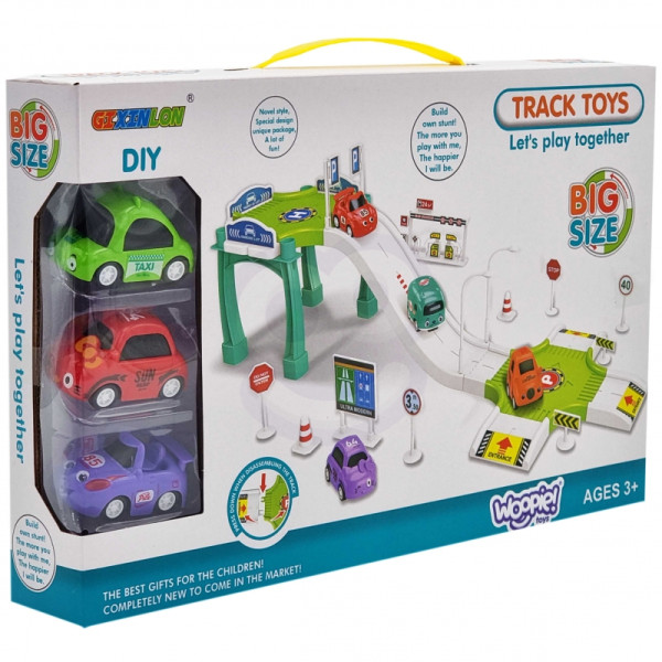 WOOPIE Track Parking Garage Car Set, Gas Station Road Signs + 3 Cars