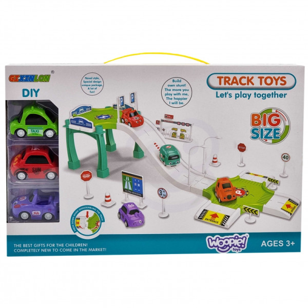 WOOPIE Track Parking Garage Car Set, Gas Station Road Signs + 3 Cars