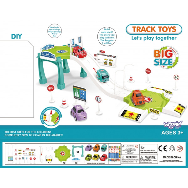 WOOPIE Track Parking Garage Car Set, Gas Station Road Signs + 3 Cars