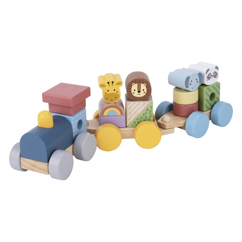 TOOKY TOY medinis traukinys su gyvūnų blokais Montessori dėlionė