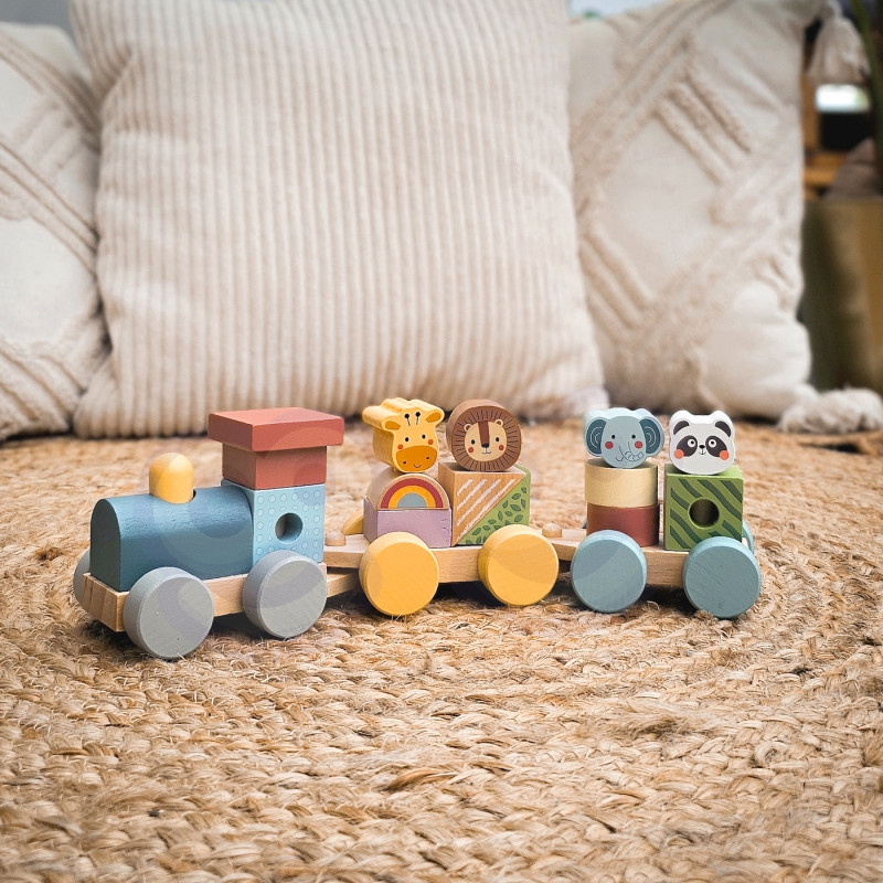 TOOKY TOY medinis traukinys su gyvūnų blokais Montessori dėlionė