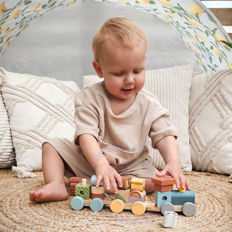 TOOKY TOY medinis traukinys su gyvūnų blokais Montessori dėlionė
