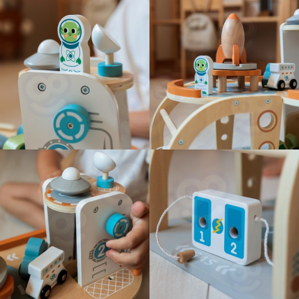 TOOKY TOY medinės kosminės stoties automobilių stovėjimo aikštelė