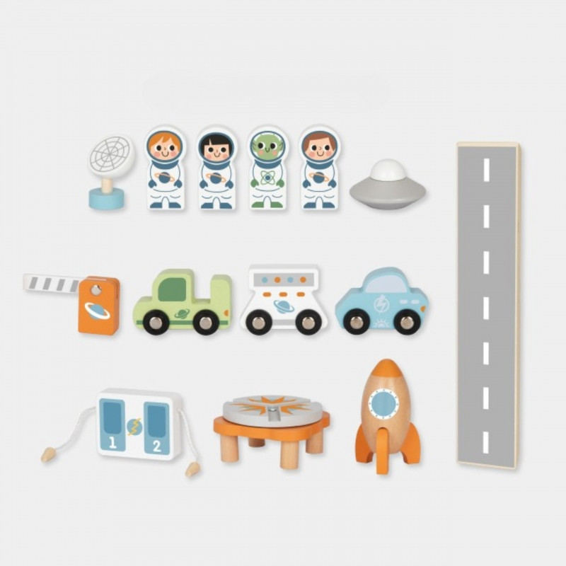 TOOKY TOY medinės kosminės stoties automobilių stovėjimo aikštelė