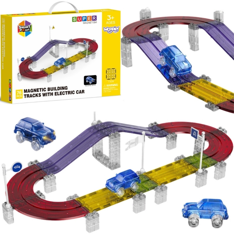 WOOPIE magnetinė lenktyninių automobilių trasa + automobilis 76 vnt.