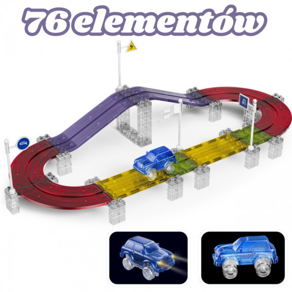 WOOPIE magnetinė lenktyninių automobilių trasa + automobilis 76 vnt. WOOPIE magnetinė lenktyninių automobilių trasa + automobilis 76 vnt.