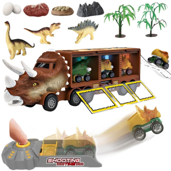 WOOPIE dinozaurų sunkvežimis su paleidimo įrenginiu ir žaisliniais automobiliais 15 vnt. WOOPIE dinozaurų sunkvežimis su paleidimo įrenginiu ir žaisliniais automobiliais 15 vnt.
