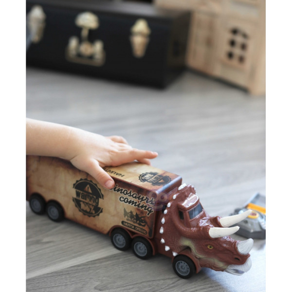 WOOPIE dinozaurų sunkvežimis su paleidimo įrenginiu ir žaisliniais automobiliais 15 vnt. WOOPIE dinozaurų sunkvežimis su paleidimo įrenginiu ir žaisliniais automobiliais 15 vnt.