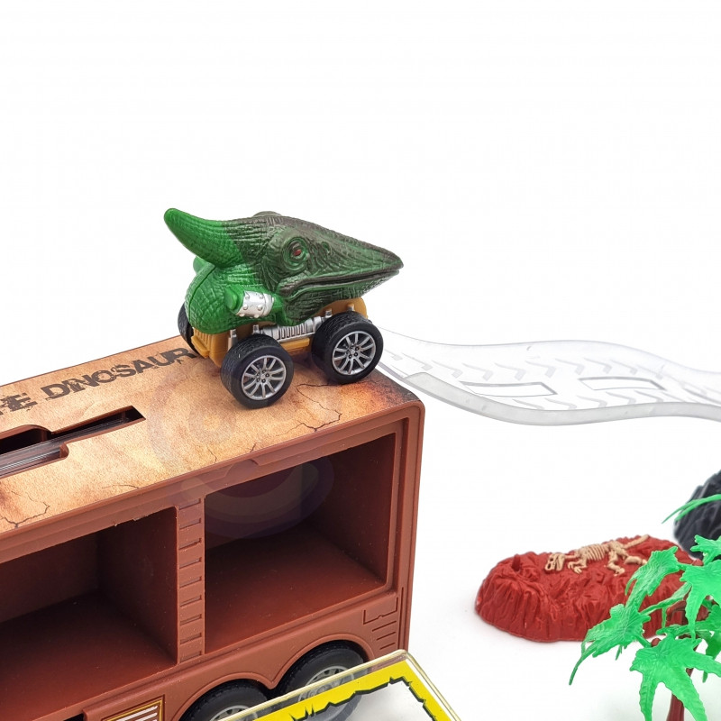 WOOPIE dinozaurų sunkvežimis su paleidimo įrenginiu ir žaisliniais automobiliais 15 vnt.