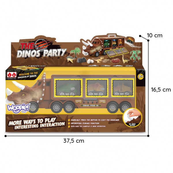 WOOPIE dinozaurų sunkvežimis su paleidimo įrenginiu ir žaisliniais automobiliais 15 vnt. WOOPIE dinozaurų sunkvežimis su paleidimo įrenginiu ir žaisliniais automobiliais 15 vnt.