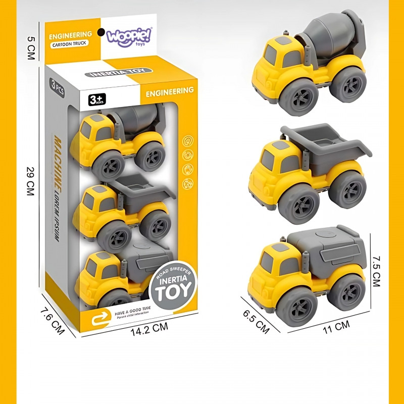Набор строительных машин WOOPIE 3-в-1: мусоровоз, бетономешалка, самосвал