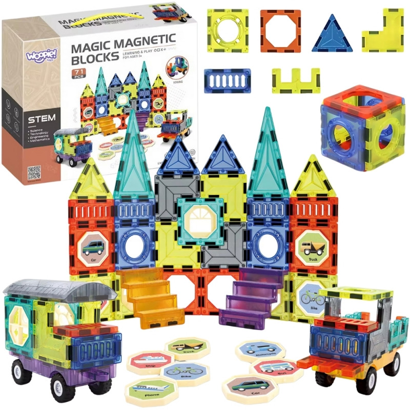 WOOPIE magnetiniai blokai 3D rinkinys spynos transporto priemonėms 71vnt.