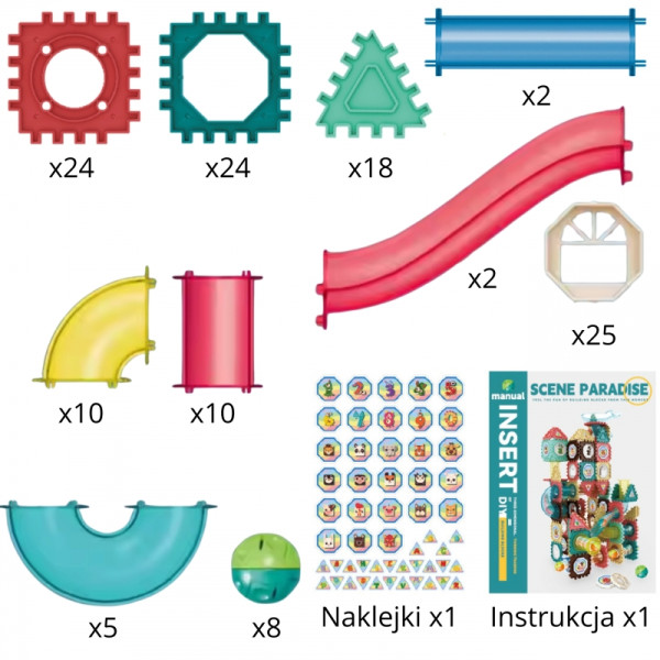 WOOPIE Building Blocks 3D mokomasis kamuoliukų takelio rinkinys 128vnt. WOOPIE Building Blocks 3D mokomasis kamuoliukų takelio rinkinys 128vnt.