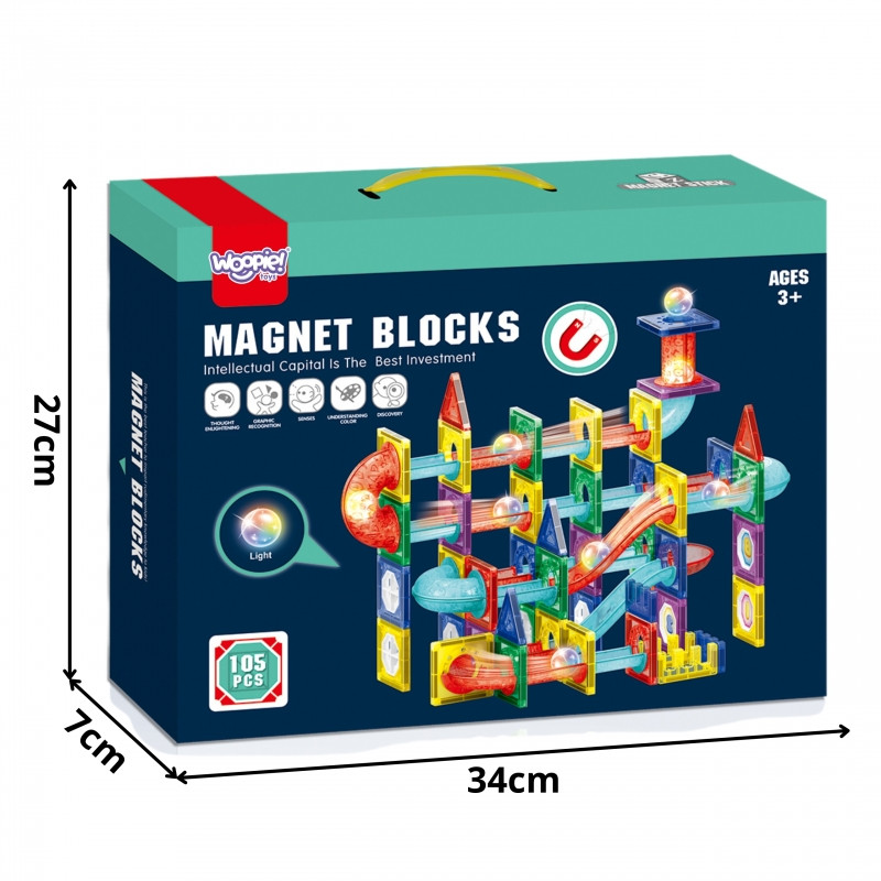 WOOPIE statybiniai magnetiniai blokai 3D mokomasis LED rutulinis takelis 105el.