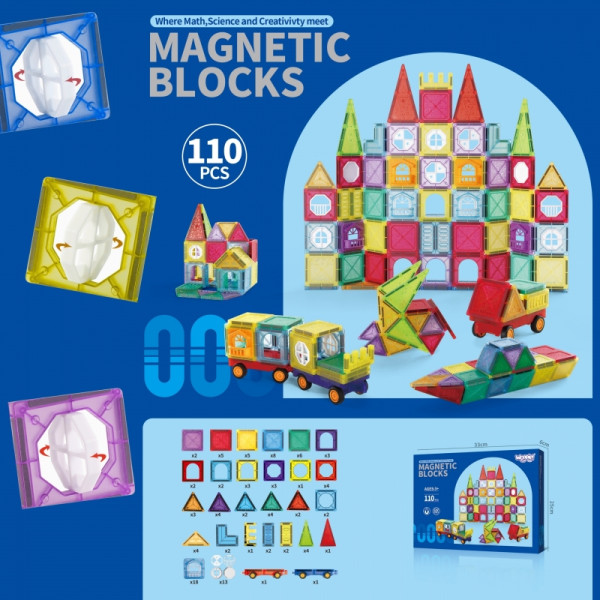 WOOPIE Magnetiniai statybiniai blokai 3D edukacinis rinkinys pilies transporto priemonėms110vnt. WOOPIE Magnetiniai statybiniai blokai 3D edukacinis rinkinys pilies transporto priemonėms110vnt.