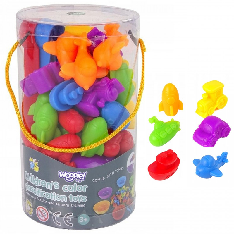 WOOPIE Montessori Edukacinis žaidimas Spalvų rūšiavimo transporto priemonės 44 vnt.