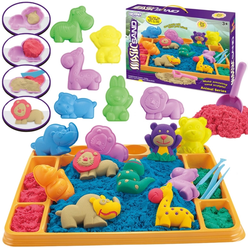 WOOPIE Kinetic Sand 1.2 kg XL ZOO rinkinys kavos staliukas su formelėmis